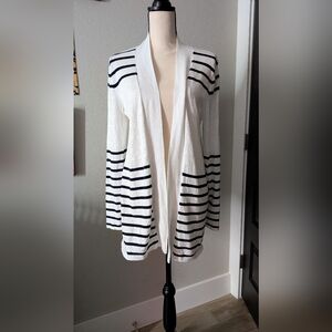 Elegant White and Navy Blue Striped Cardigan